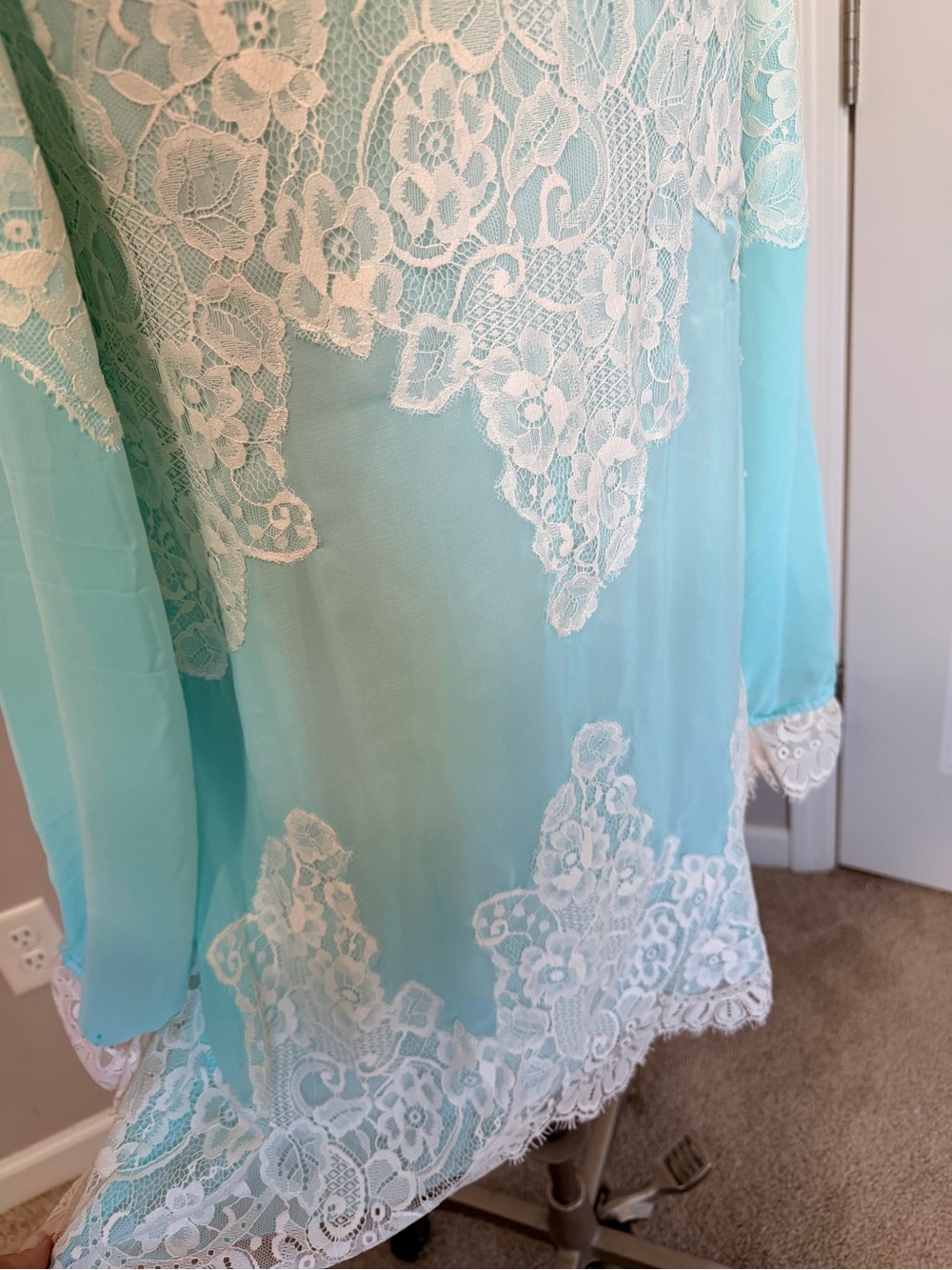 Aqua Lace Appliqué Sheer Sleeve Shift Dress - Picture 8 of 10